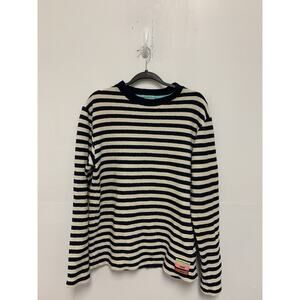 Scotch & Soda Men's Medium Ivory & Dark Blue Striped Terry Crew Neck Sweater